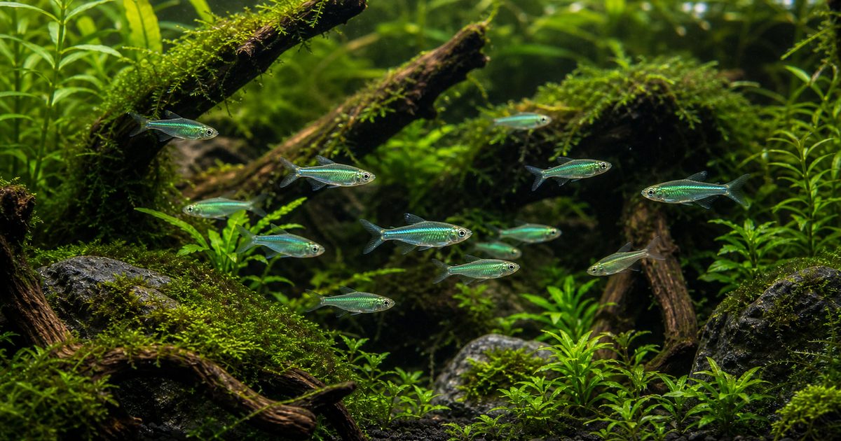 ミクロラスボラ・ブルーネオンの水草水槽と群泳を示すアイキャッチ画像