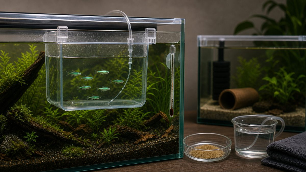 ミクロラスボラ・ブルーネオン導入時の水合わせと小さな餌を示す画像