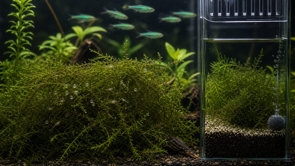 ミクロラスボラ・ブルーネオンの繁殖環境とウィローモスを示す画像