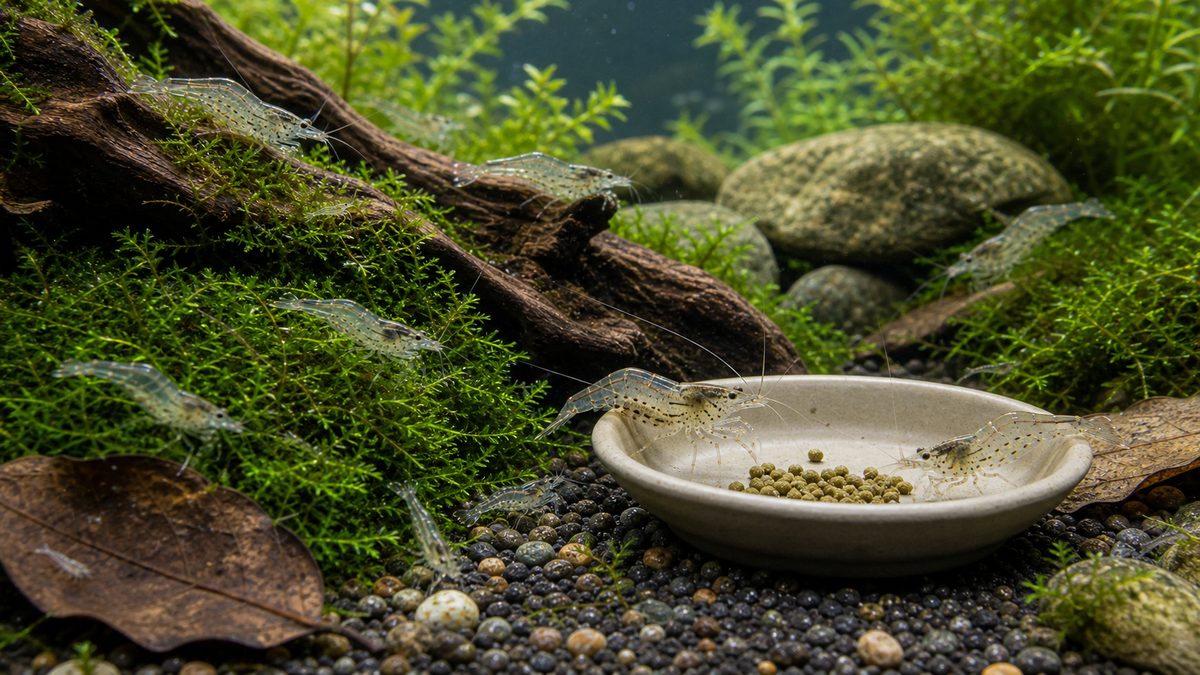 ミナミヌマエビの餌と給餌方法の要点をまとめた淡水魚飼育インフォグラフィック