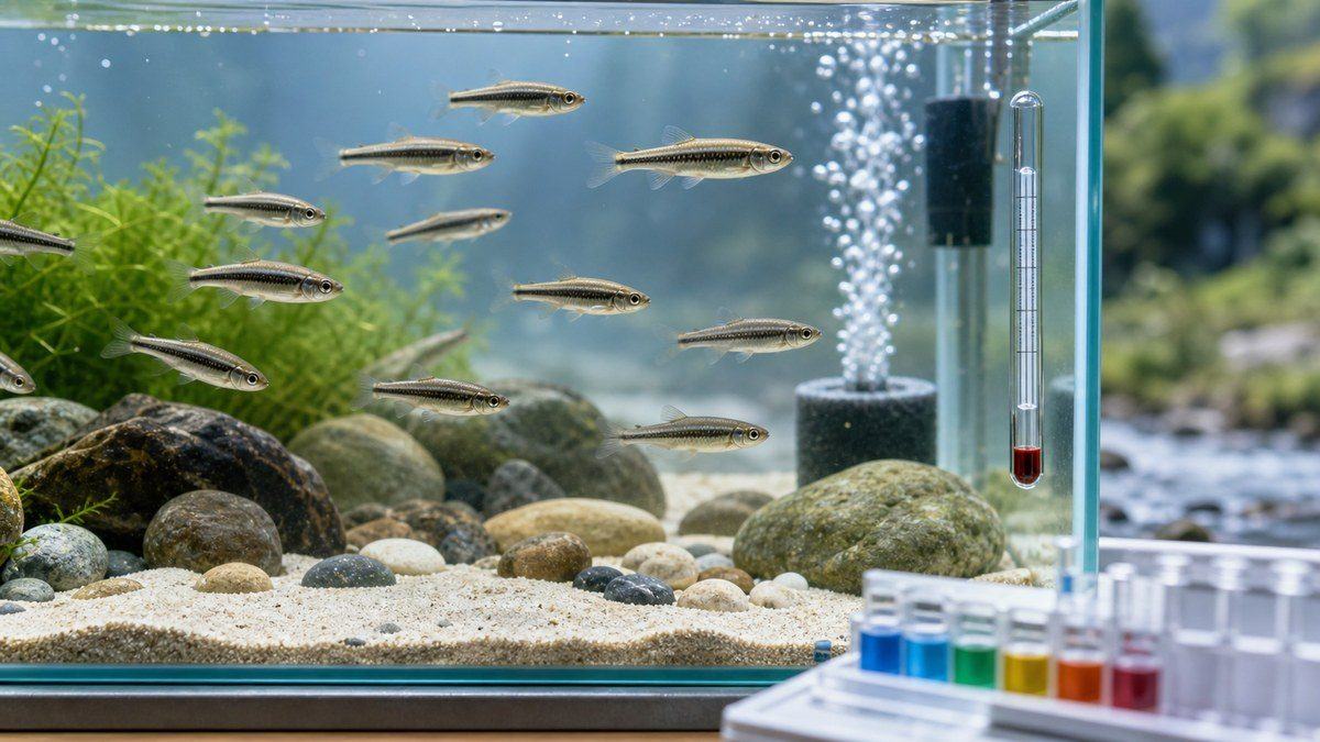 モツゴ水槽の水温計と水質チェックを示す管理画像