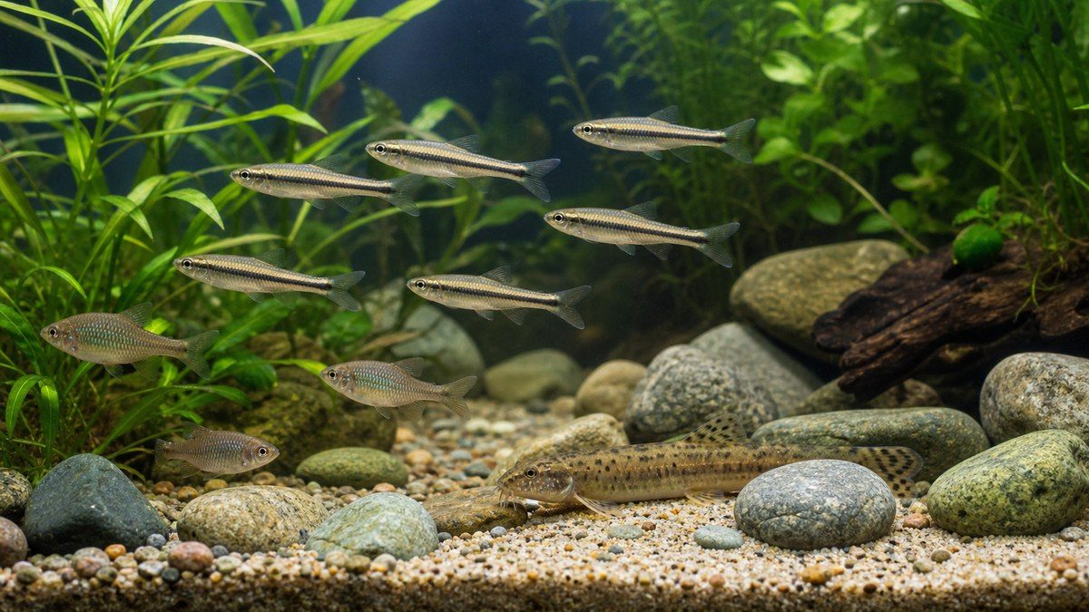 モツゴと相性のよい日本淡水魚の混泳水槽画像