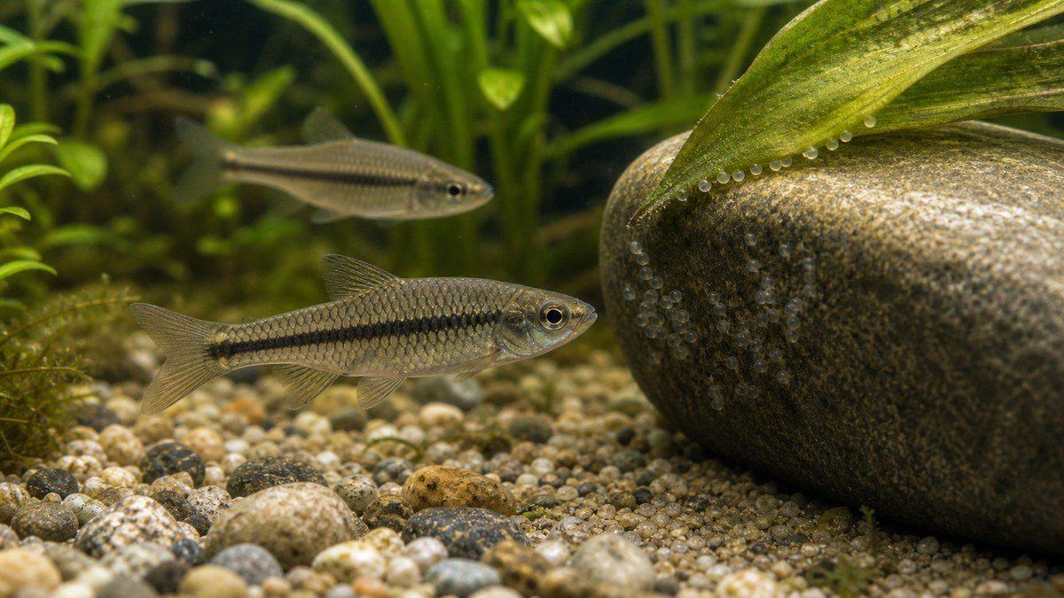 石の周りで繁殖行動をとるモツゴの水槽画像