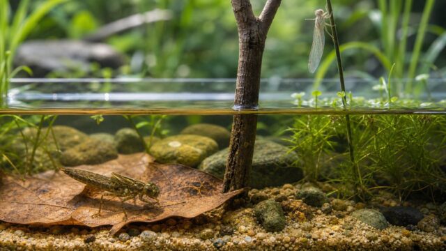 ヤゴの飼育水槽と羽化用の足場を示すアイキャッチ画像