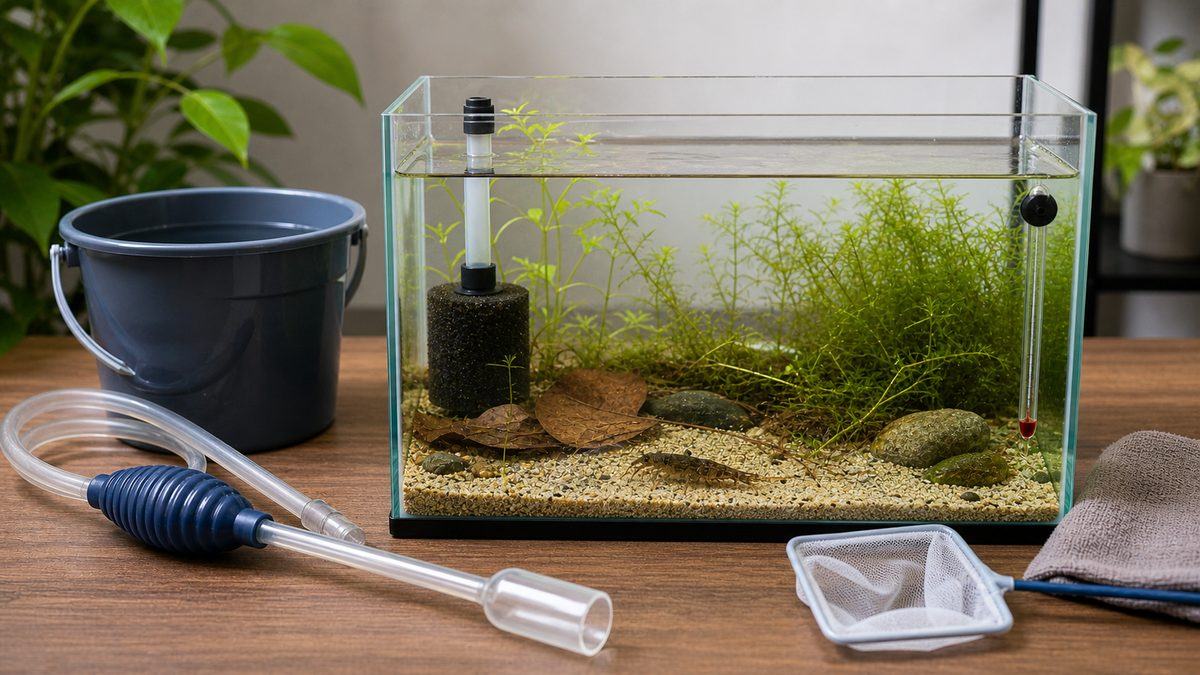 清潔な水と弱い水流でヤゴの水質管理を行う水槽画像