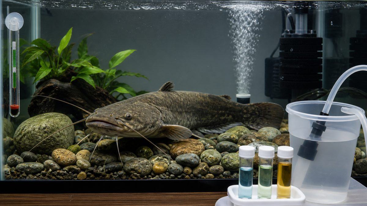 ナマズの水質と水温管理を清潔な水槽で示す画像