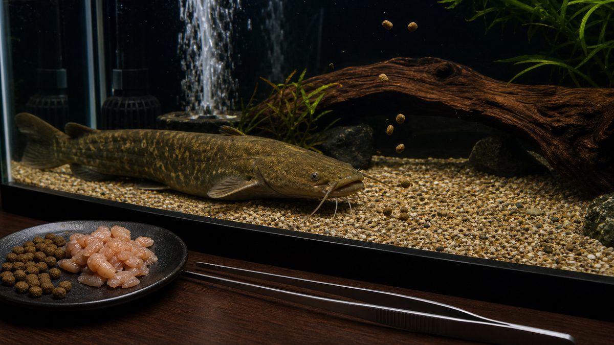 ナマズの餌付けと人工飼料への移行を表す画像