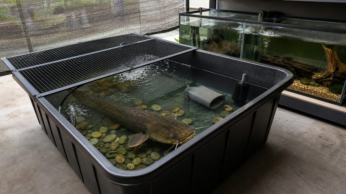 大型化したナマズをトロ舟で飼育する準備を示す画像