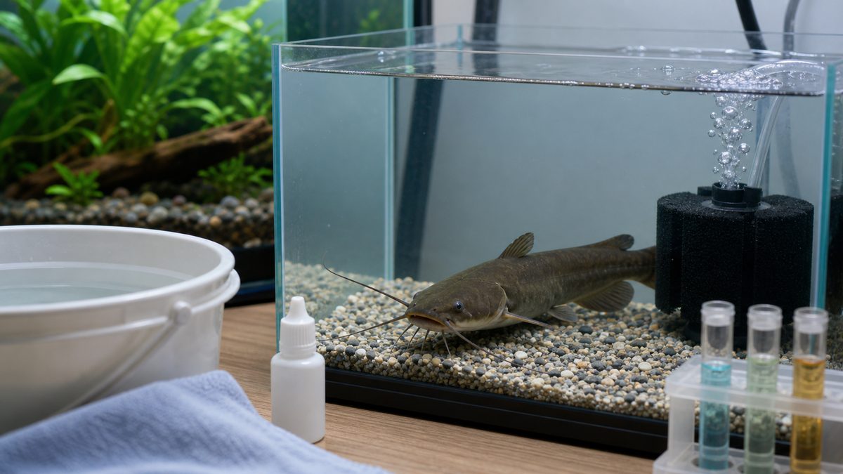 隔離水槽でナマズの病気に慎重に対応する画像