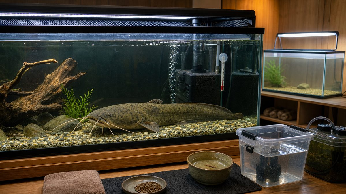 ナマズ飼育FAQの要点を大型水槽と管理用品でまとめた画像