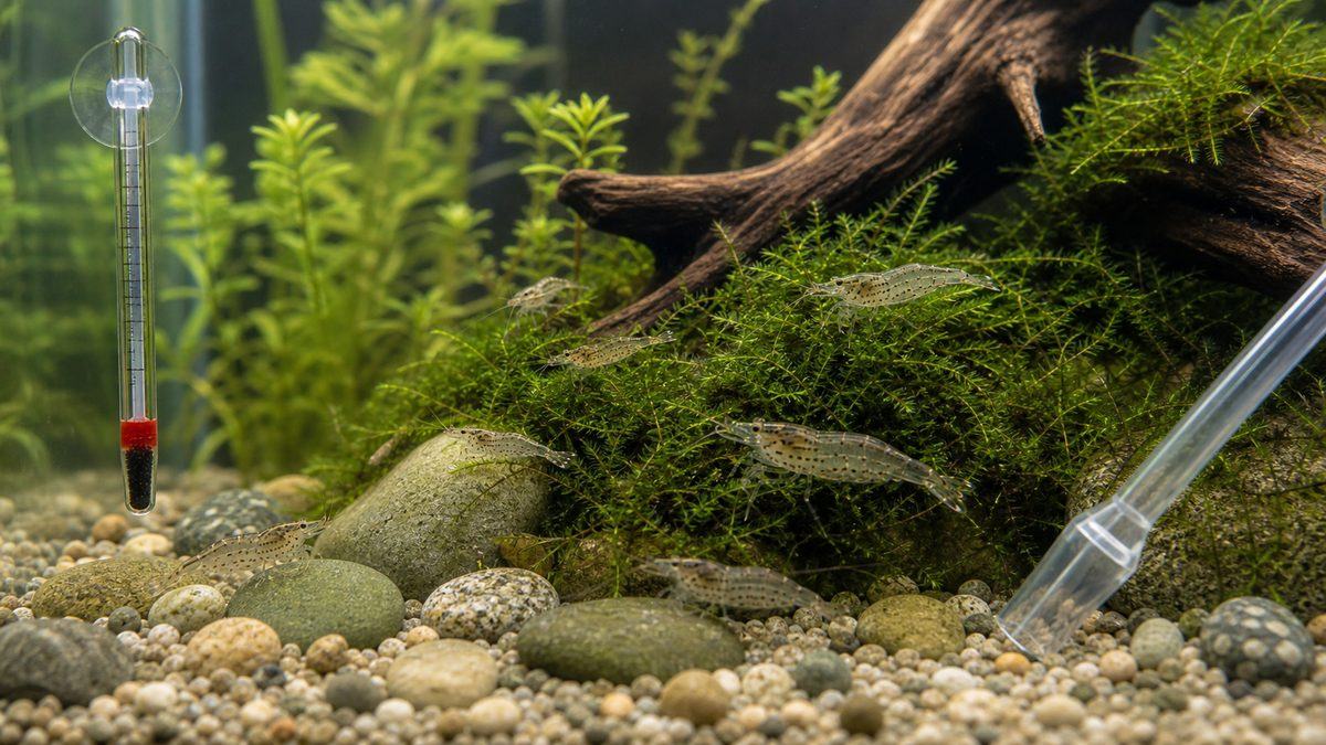 水質・水温管理｜エビが落ちないためのコツの要点をまとめた淡水魚飼育インフォグラフィック
