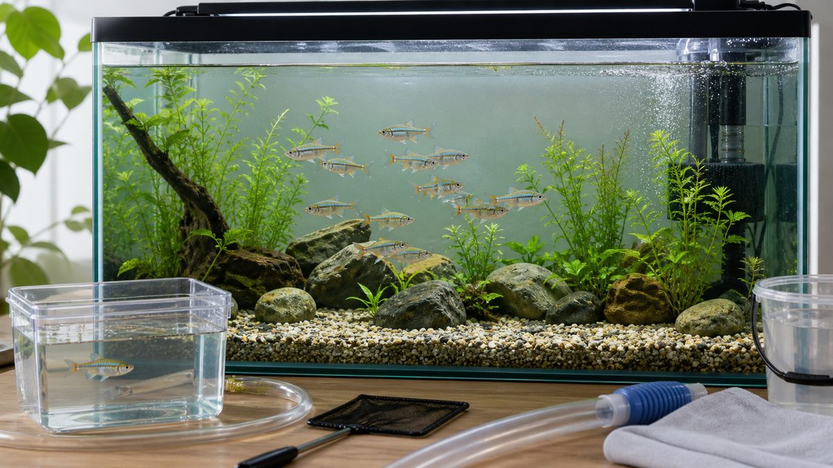 水合わせ容器とメンテナンス道具を置いたオイカワ飼育環境