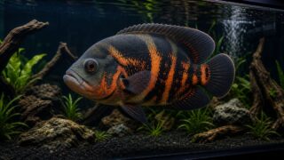 流木と水草の大型水槽を泳ぐオスカーのアイキャッチ画像