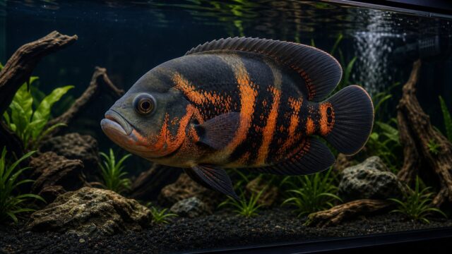 流木と水草の大型水槽を泳ぐオスカーのアイキャッチ画像