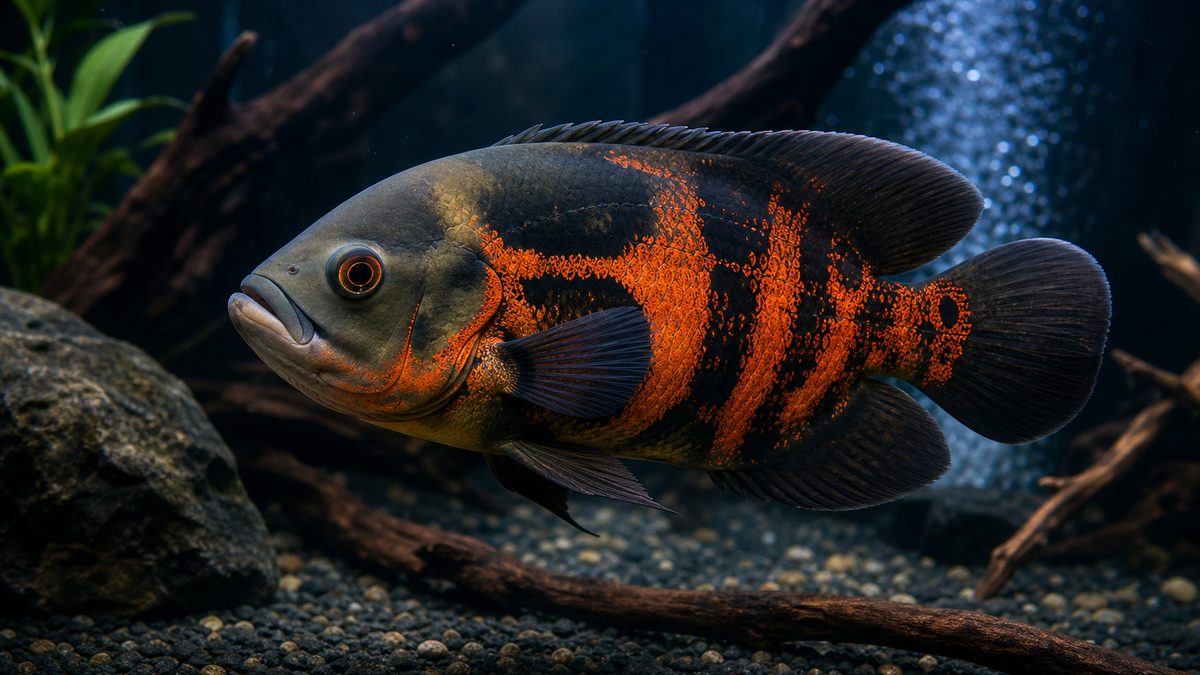 流木のある大型水槽を泳ぐオスカーの特徴画像