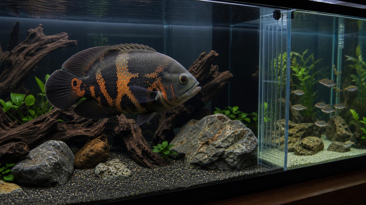 透明な仕切りで小魚と分けたオスカーの混泳注意画像
