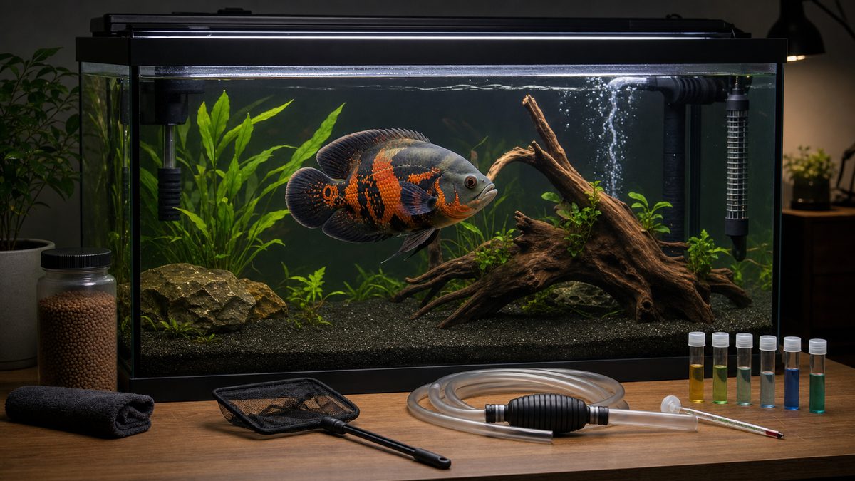 オスカー水槽と飼育用品を並べたFAQ確認画像