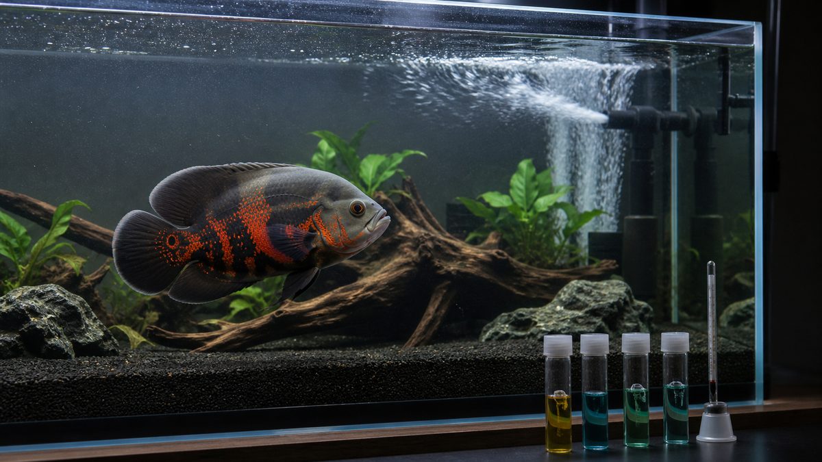 ろ過と水質検査でオスカー水槽を管理する画像