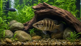 隠れ家のある水槽で泳ぐオヤニラミと飼育設備