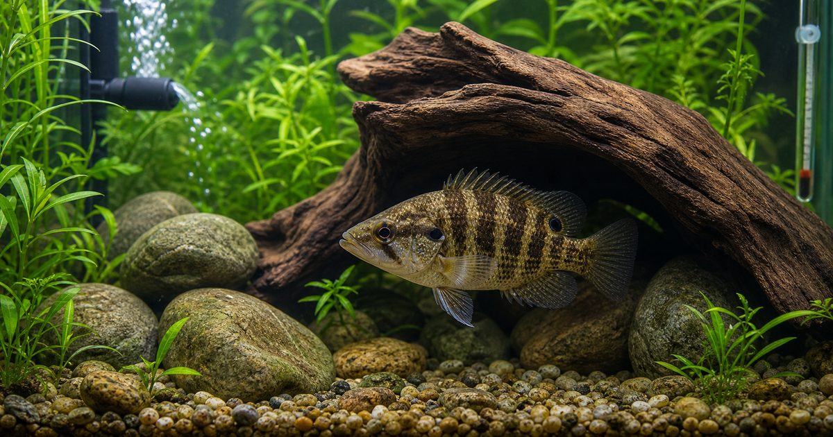 隠れ家のある水槽で泳ぐオヤニラミと飼育設備