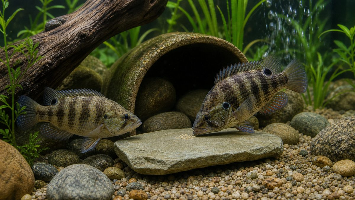 産卵場所の石の近くでペアになったオヤニラミ