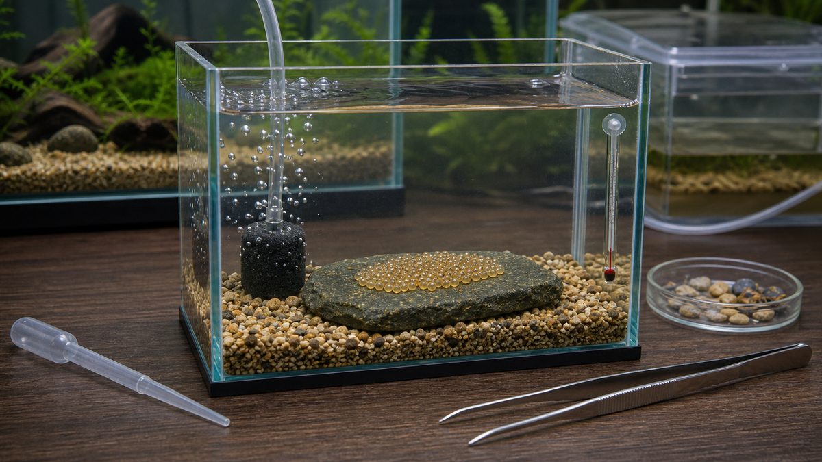 別容器でエアレーションを当てながら管理するオヤニラミの卵