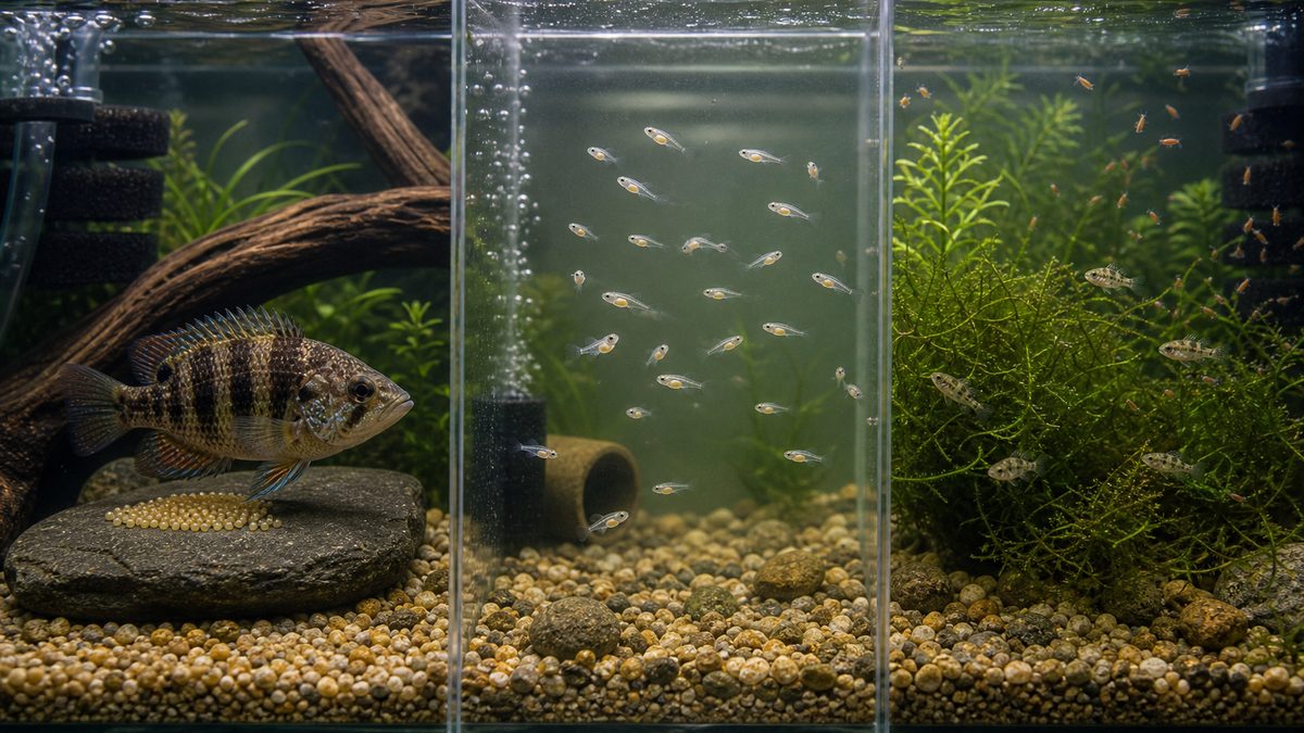 卵から孵化直後の稚魚、成長した稚魚までを分けたオヤニラミ育成水槽