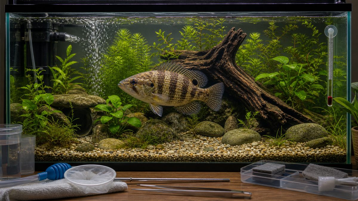 長期飼育で落ち着いた水槽を泳ぐ成熟したオヤニラミ
