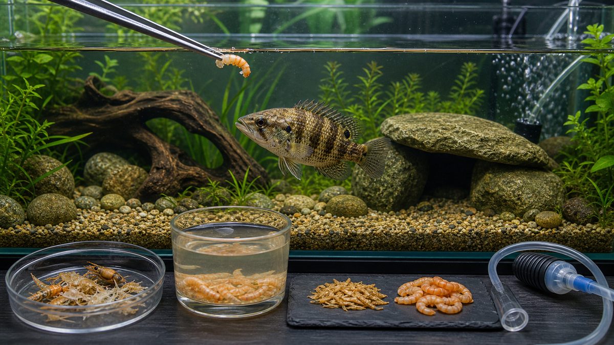 クリルと乾燥エビを水でふやかしてからオヤニラミへ与える準備