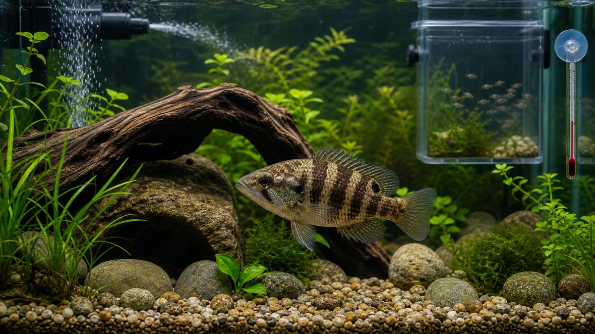 隠れ家と水草のある水槽で落ち着いて泳ぐオヤニラミ