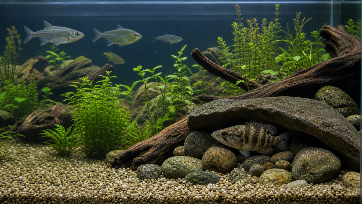 遮蔽物で区切った水槽でオヤニラミと大きめの魚を離している様子