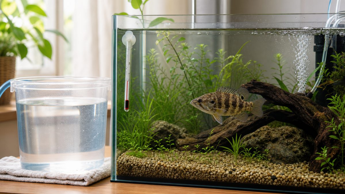 温度を合わせた換水容器と水槽内の温度計で管理するオヤニラミ