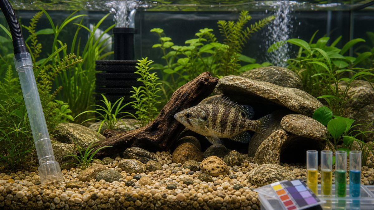 水質検査用品と複数の隠れ家を備えた単独飼育のオヤニラミ水槽
