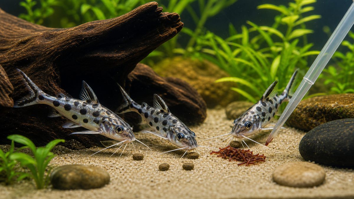 餌の与え方｜沈下性飼料と活発な採餌行動の要点をまとめた淡水魚飼育インフォグラフィック