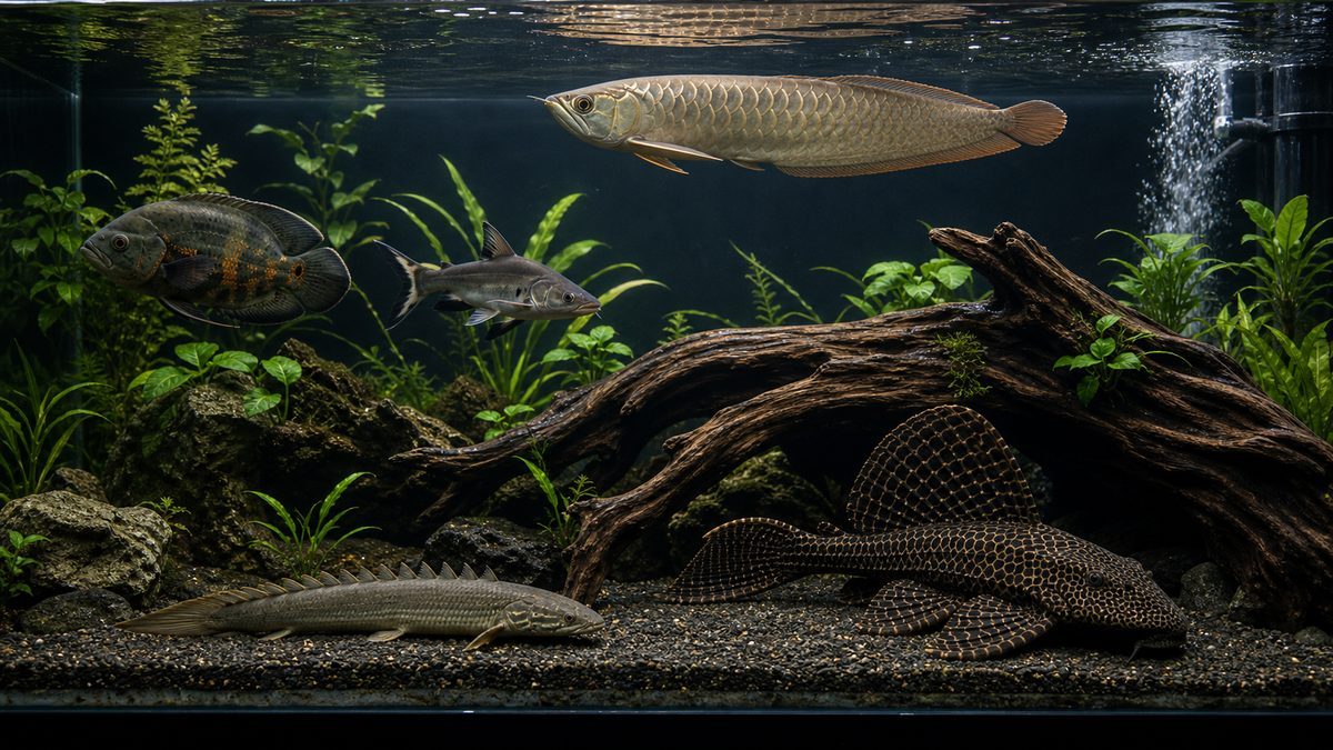 大型水槽でセルフィンプレコと大型魚が泳層を分けて混泳する画像