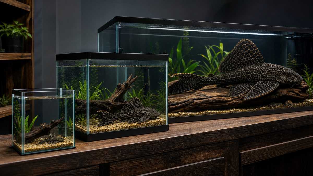 幼魚から大型成魚へ成長するセルフィンプレコと水槽サイズの変化
