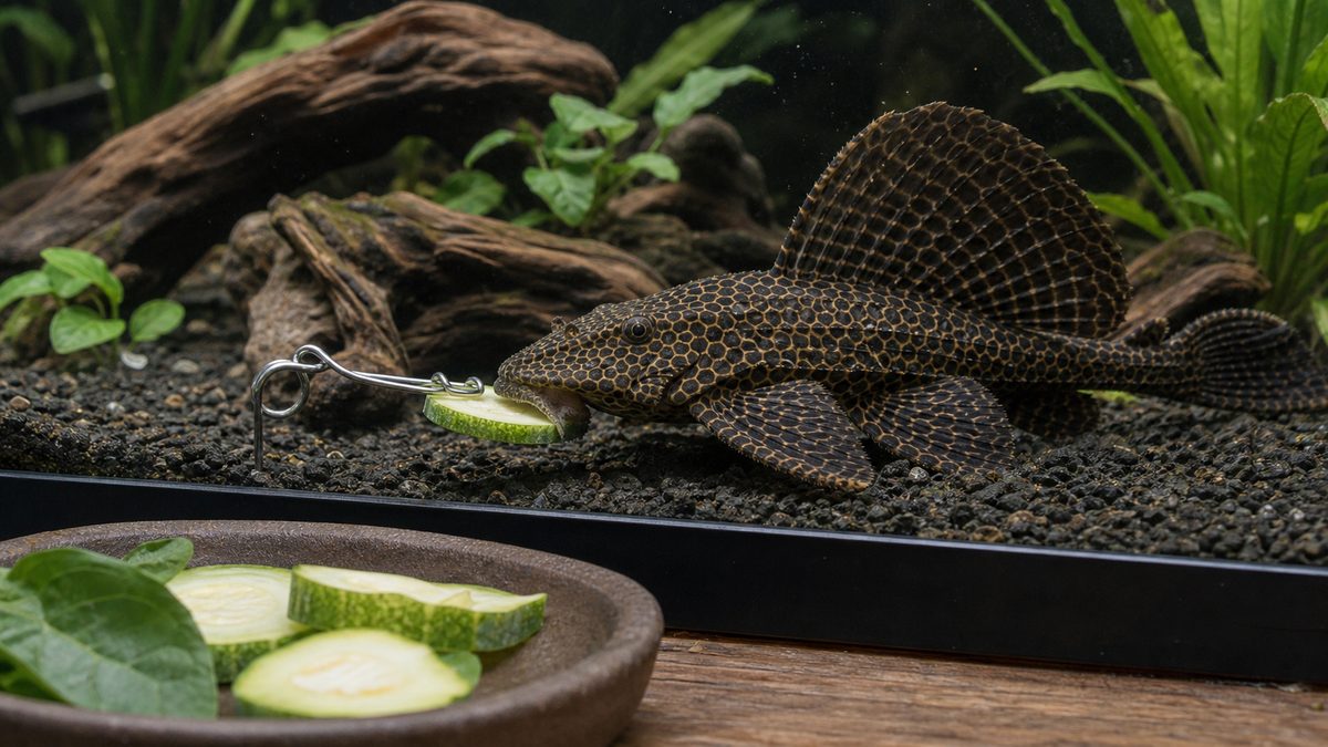 キュウリやズッキーニを固定してセルフィンプレコに与える野菜給餌画像