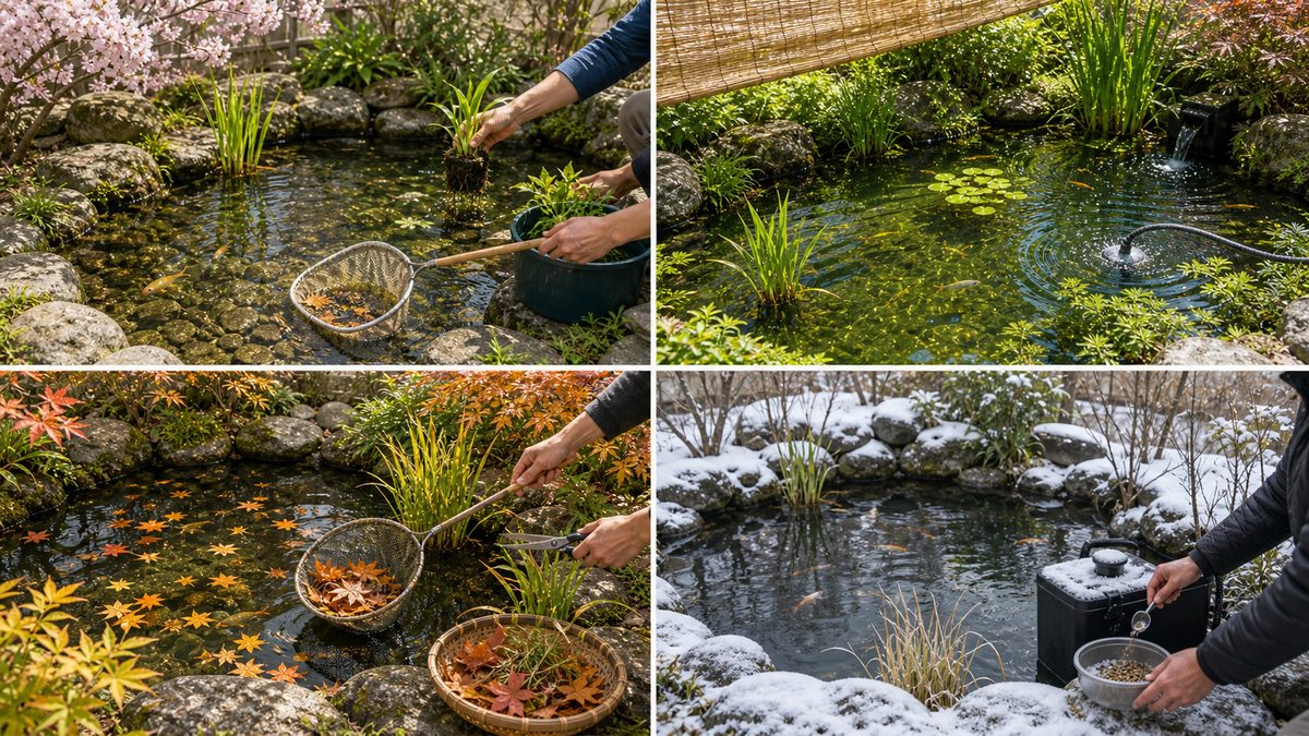 春夏秋冬の池管理とアオコ・藻対策を並べた季節別カレンダー画像