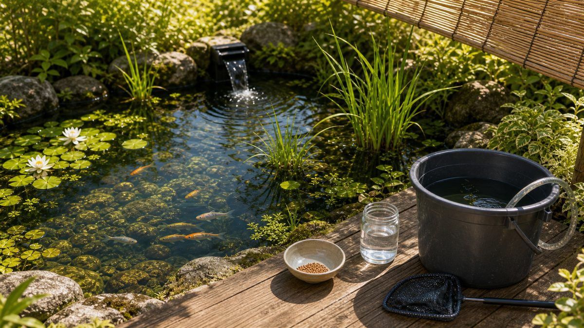 透明な水を保つための栄養管理、遮光、循環、水草をまとめた池の管理画像