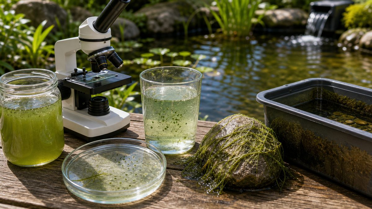 アオコや藻の正体を水の色、顕微鏡、屋外容器で確認する池管理の画像