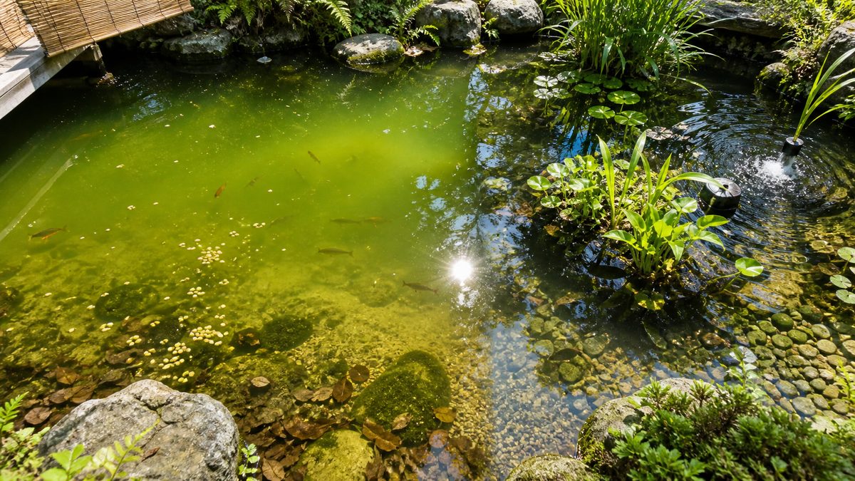 富栄養化、強い日光、高水温、水の滞留で池の藻が増える仕組みを示す画像