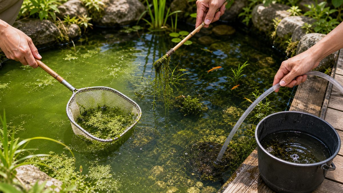 網や手作業で池の糸状藻やアオミドロを取り除く物理的除去の画像