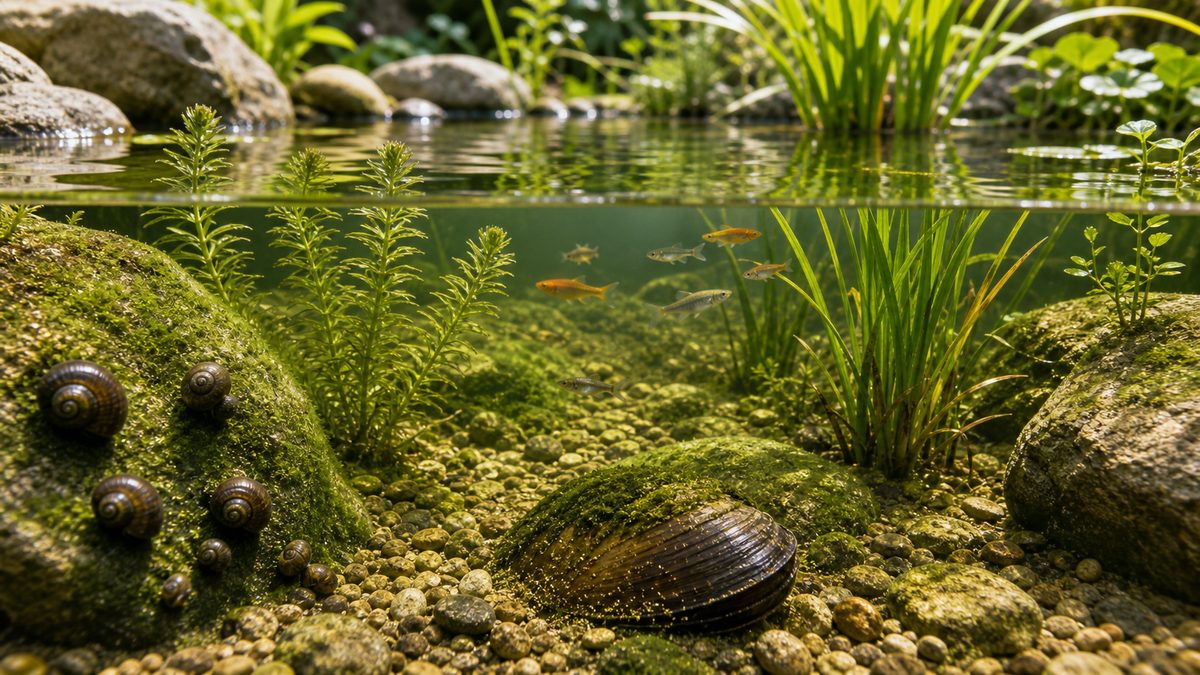 タニシ、ヌマエビ、水草を活用して池の藻を抑える生物的対策の画像