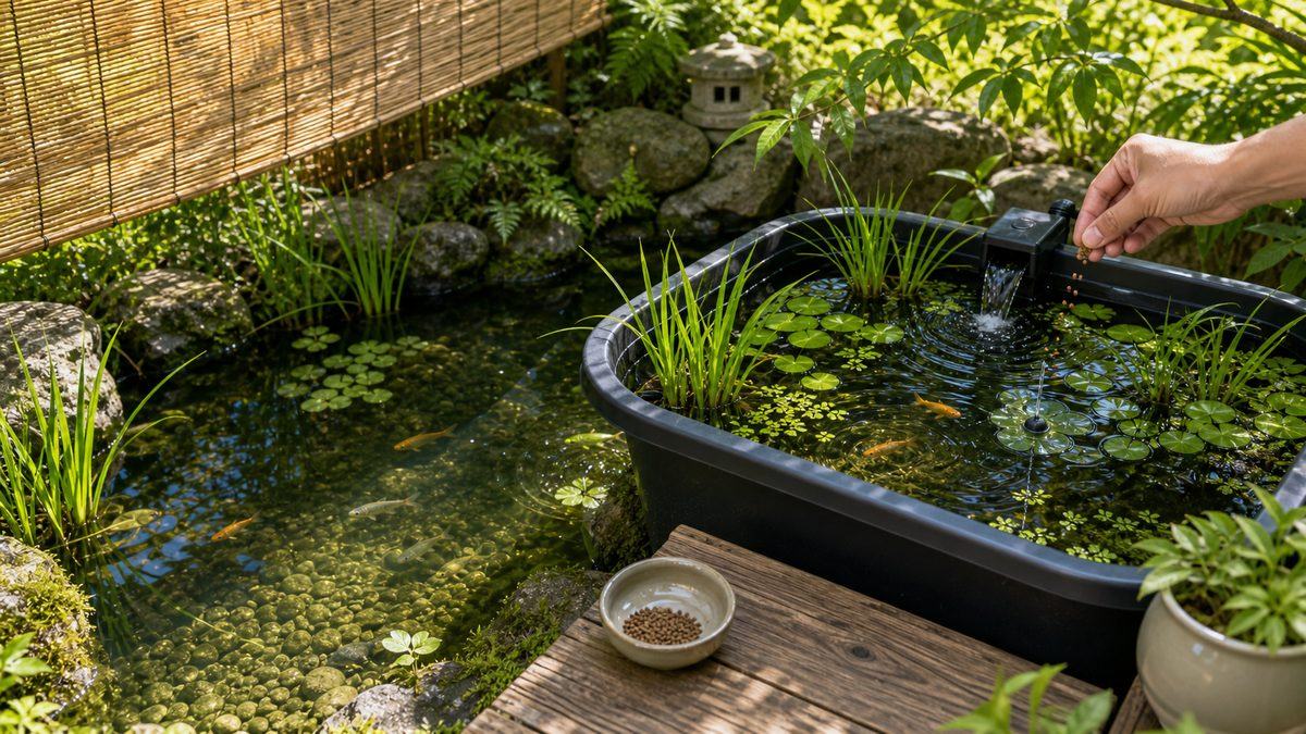 餌量、遮光、水草、濾過循環を整えて藻を生やしにくくする池づくり画像