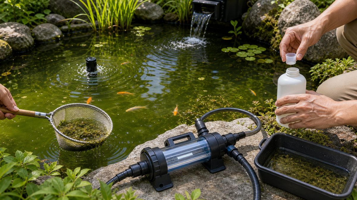 UV殺菌灯や水質検査用品を使う前に池の水質と生体への負担を確認する画像