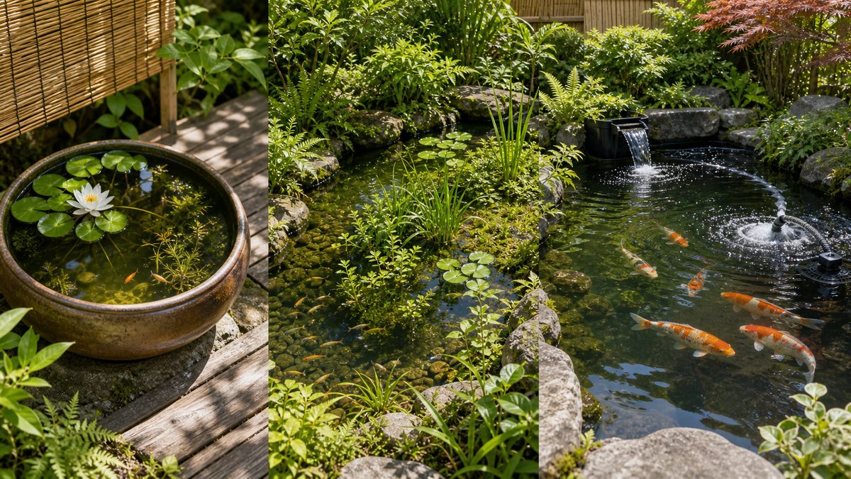 睡蓮鉢、ビオトープ、錦鯉池それぞれのアオコ・藻対策を比較する画像