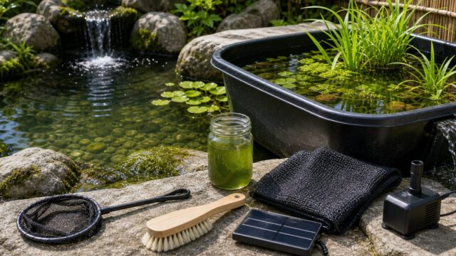 池とプラ舟の藻対策、遮光、水流、掃除道具をまとめたアイキャッチ画像