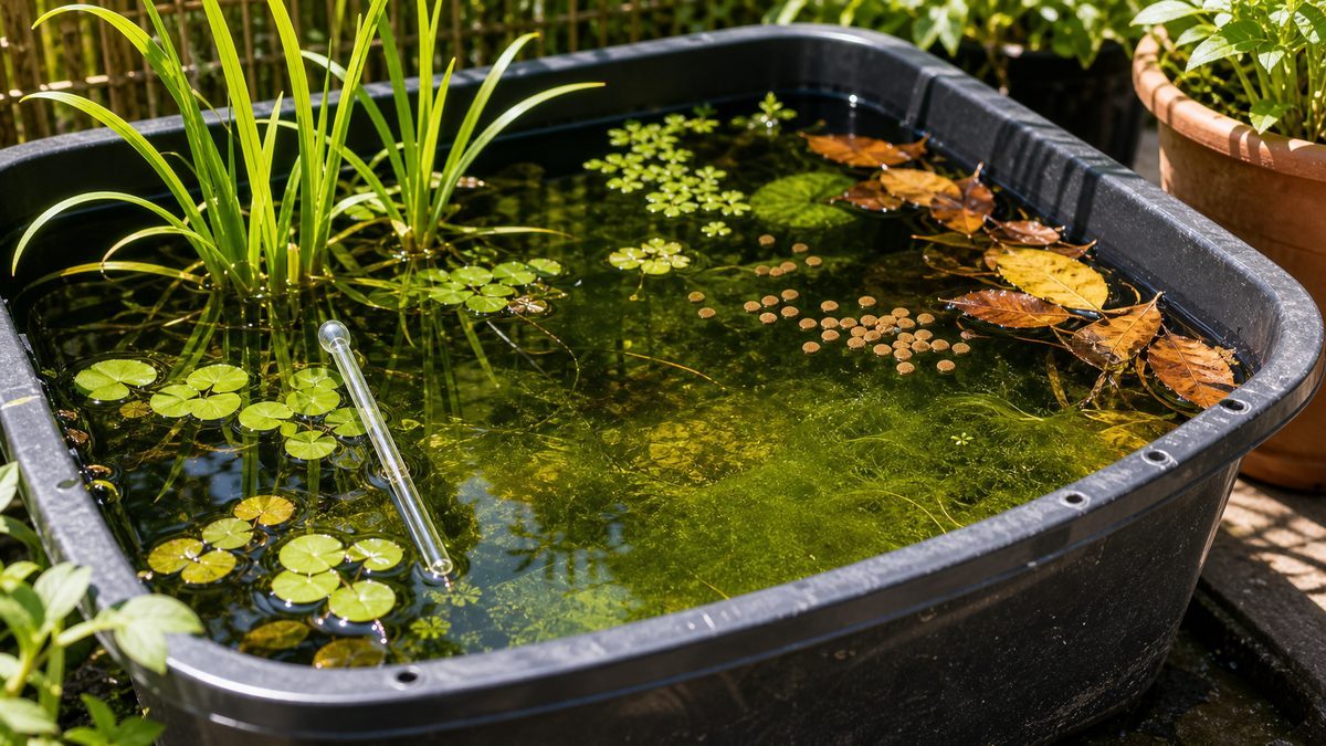 強い日差し、落ち葉、餌の残り、水流不足で藻が増える原因を示す画像
