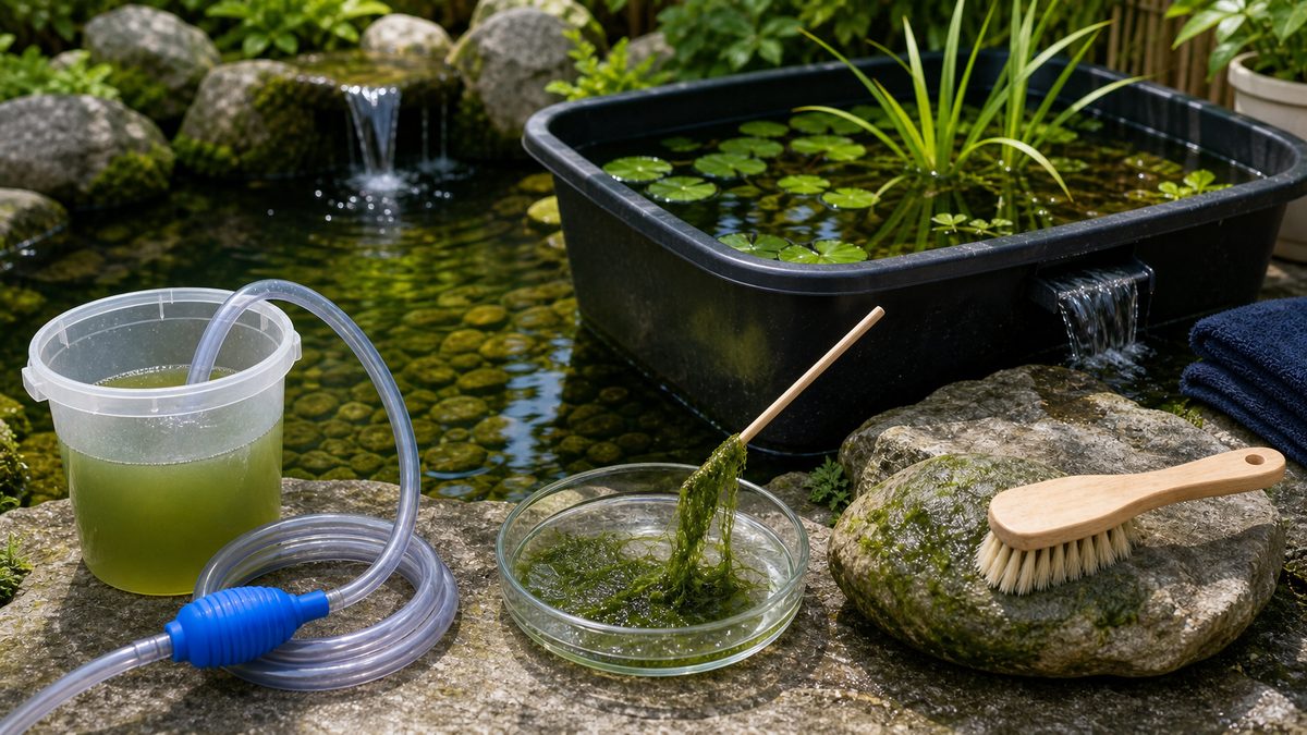 水換え、巻き取り、ブラシ清掃で池の藻を除去する画像