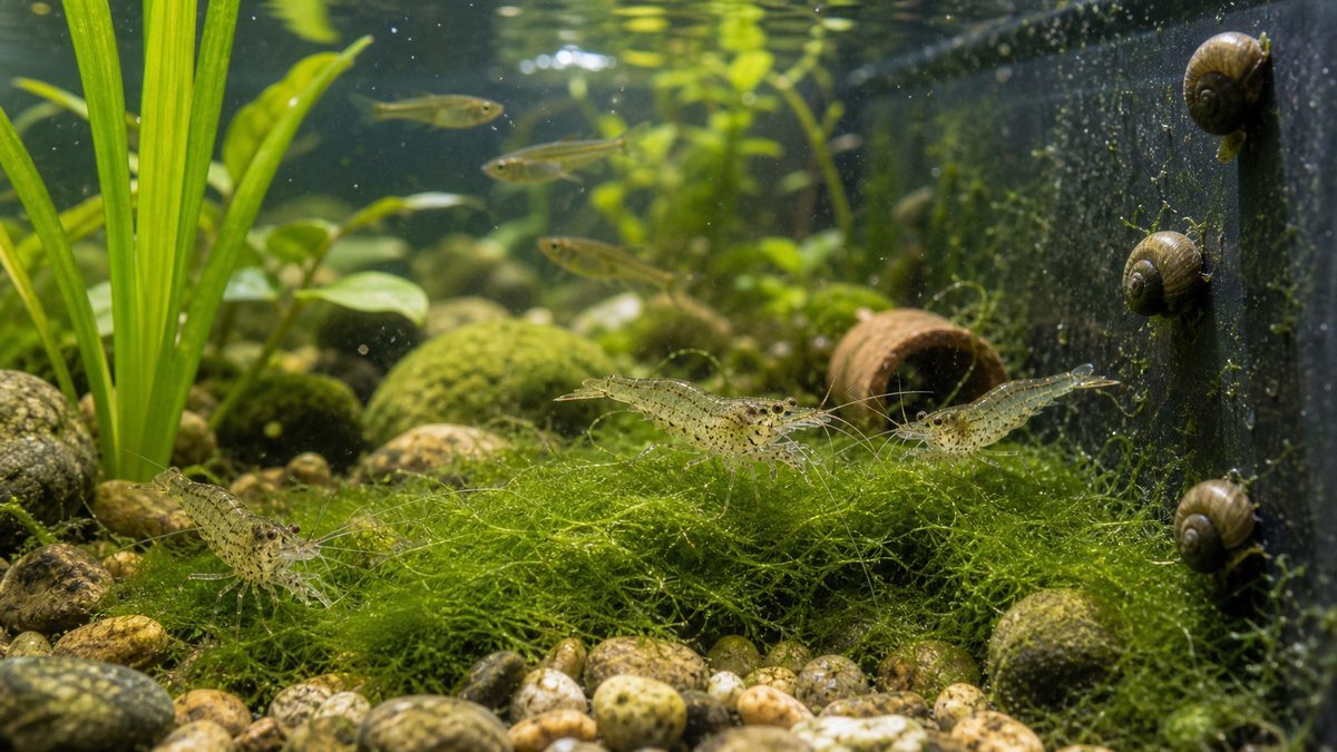 エビとタニシが水草のある池で藻を食べる生物対策の画像